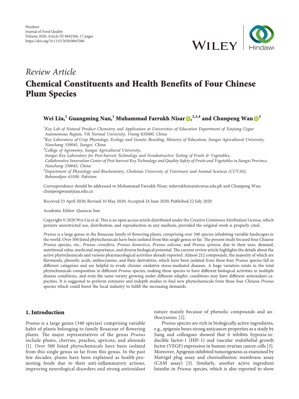 Chemical Constituents and Health Benefits of Four Chinese Plum Species