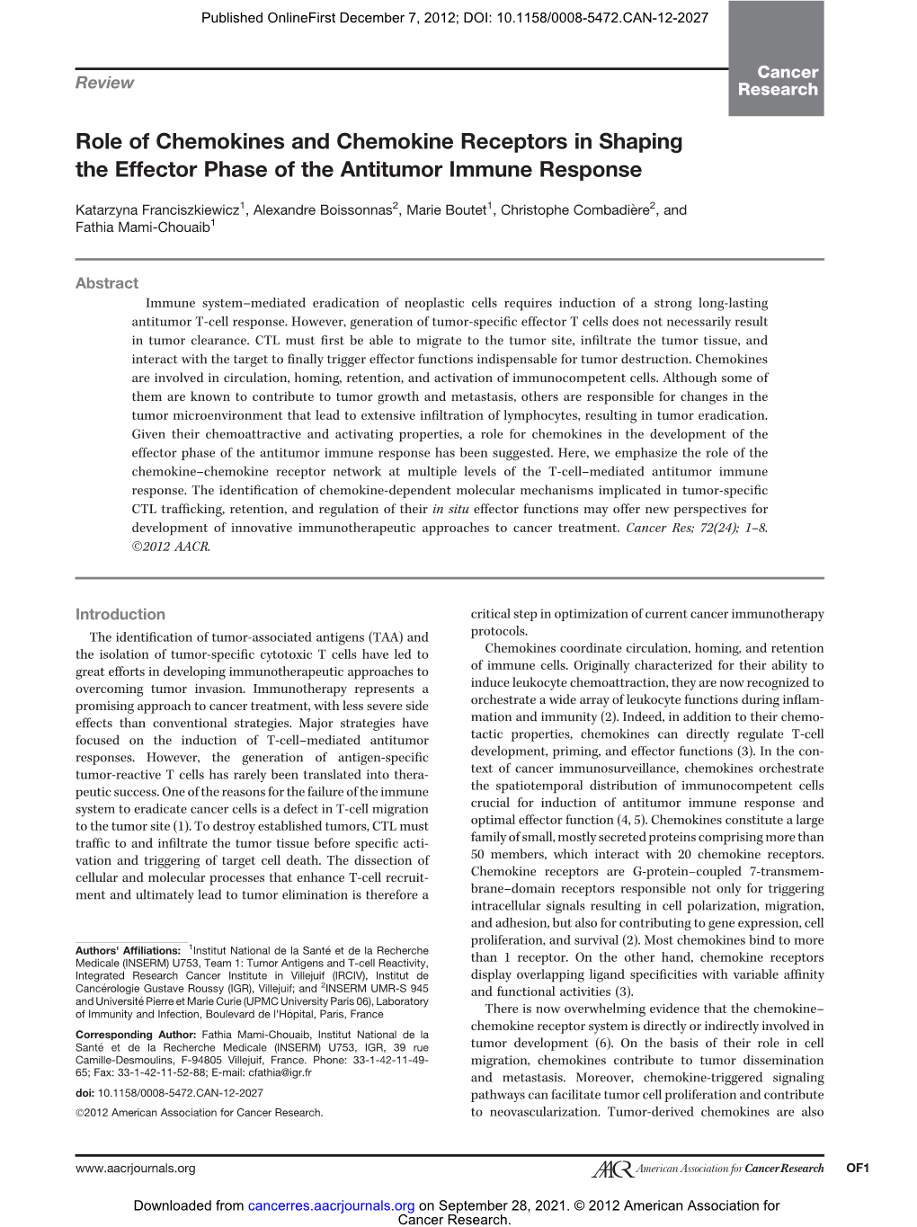 Role of Chemokines and Chemokine Receptors in Shaping the Effector Phase of the Antitumor Immune Response