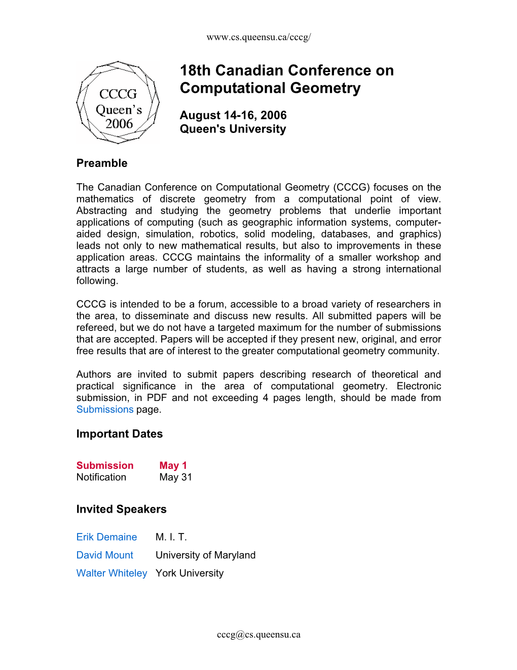 18Th Canadian Conference on Computational Geometry