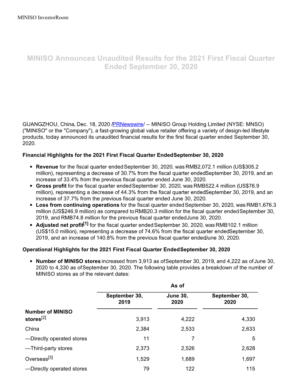 MINISO Announces Unaudited Results for the 2021 First Fiscal Quarter Ended September 30, 2020