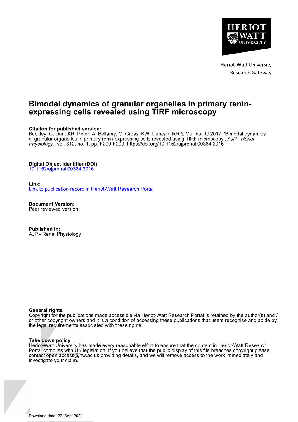 Bimodal Dynamics of Granular Organelles in Primary Renin- Expressing Cells Revealed Using TIRF Microscopy