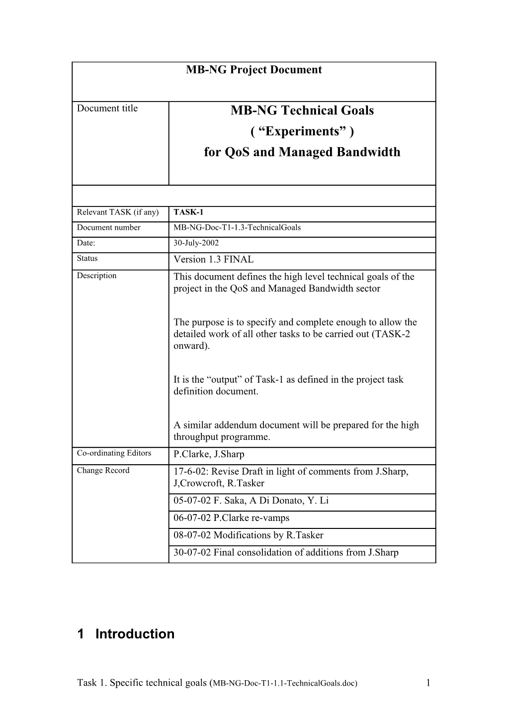 Definition and Schedule of MB-NG Tasks