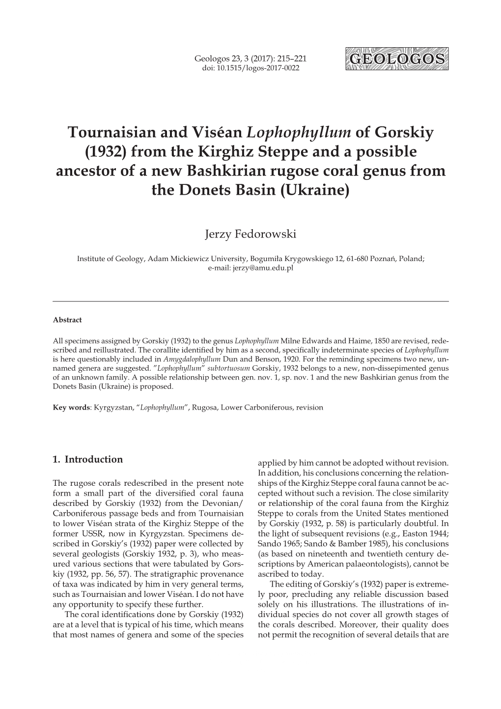 Tournaisian and Viséan Lophophyllum of Gorskiy (1932)