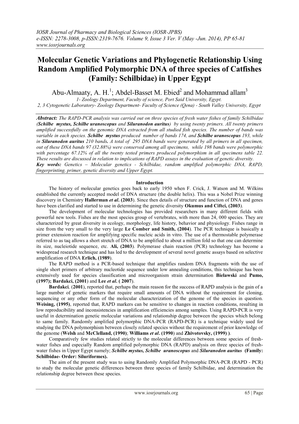 Molecular Genetic Variations and Phylogenetic Relationship Using Random Amplified Polymorphic DNA of Three Species of Catfishes (Family: Schilbidae) in Upper Egypt