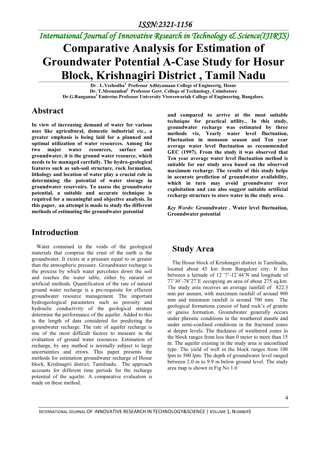 Comparative Analysis for Estimation of Groundwater Potential A-Case Study for Hosur Block, Krishnagiri District , Tamil Nadu Dr