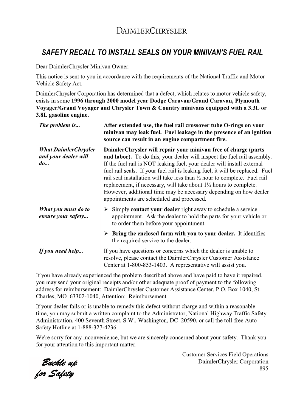 Safety Recall to Install Seals on Your Minivan's Fuel Rail