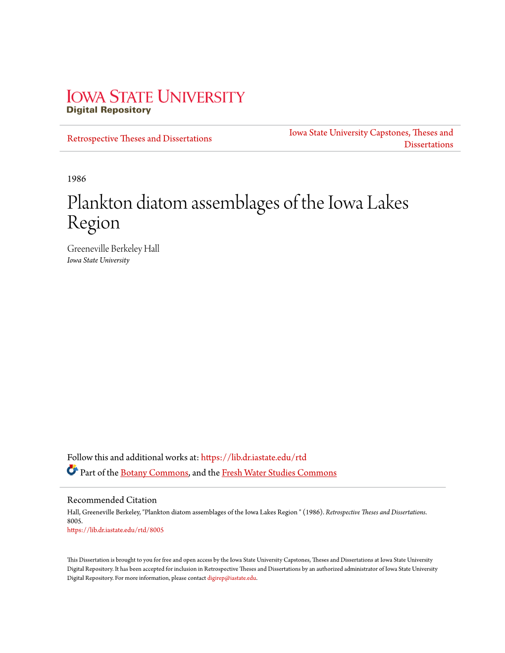 Plankton Diatom Assemblages of the Iowa Lakes Region Greeneville Berkeley Hall Iowa State University