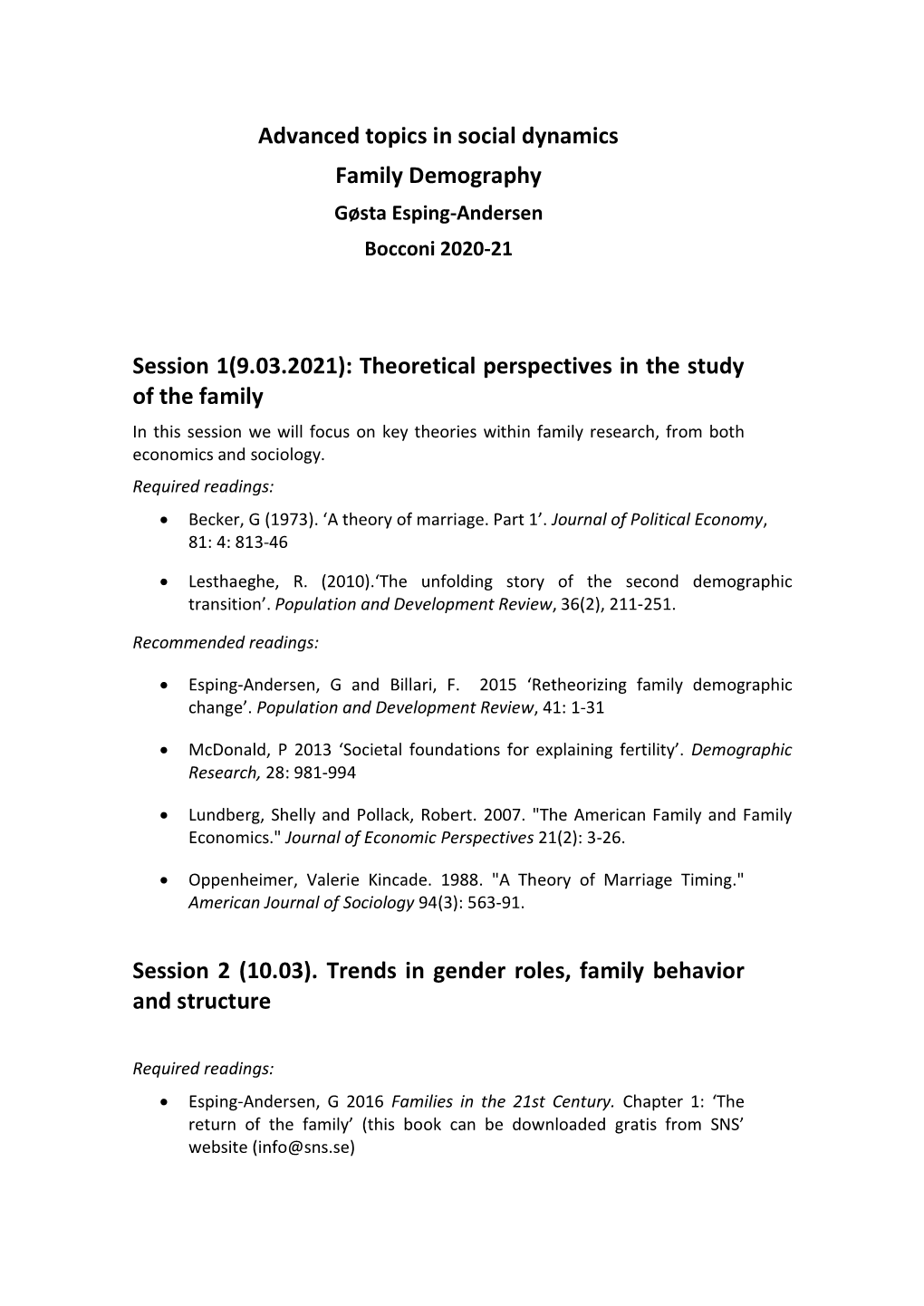 Advanced Topics in Social Dynamics Family Demography Session 1(9.03