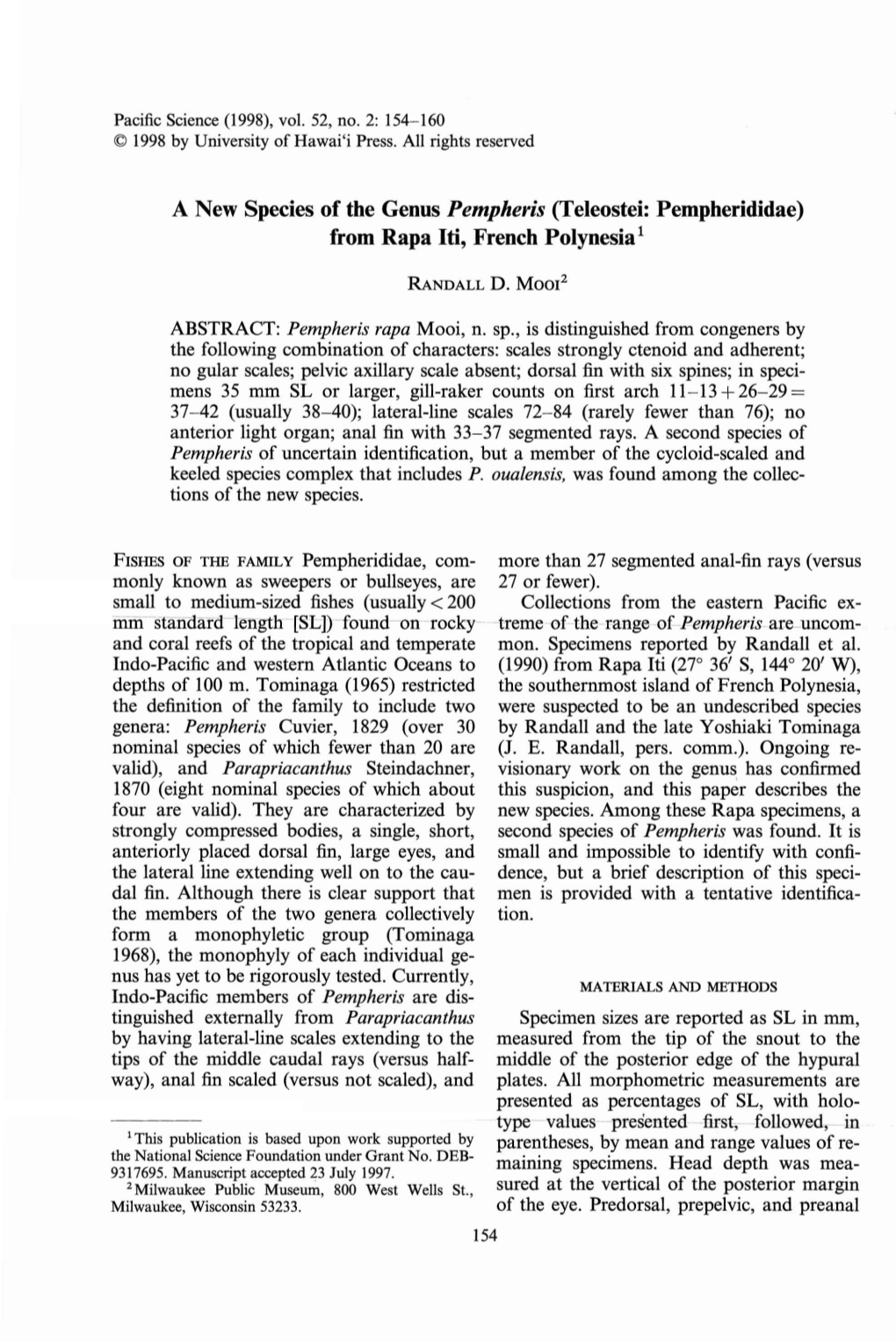 A New Species of the Genus Pempheris (Teleostei: Pempherididae) from Rapa Lti, French Polynesia 1