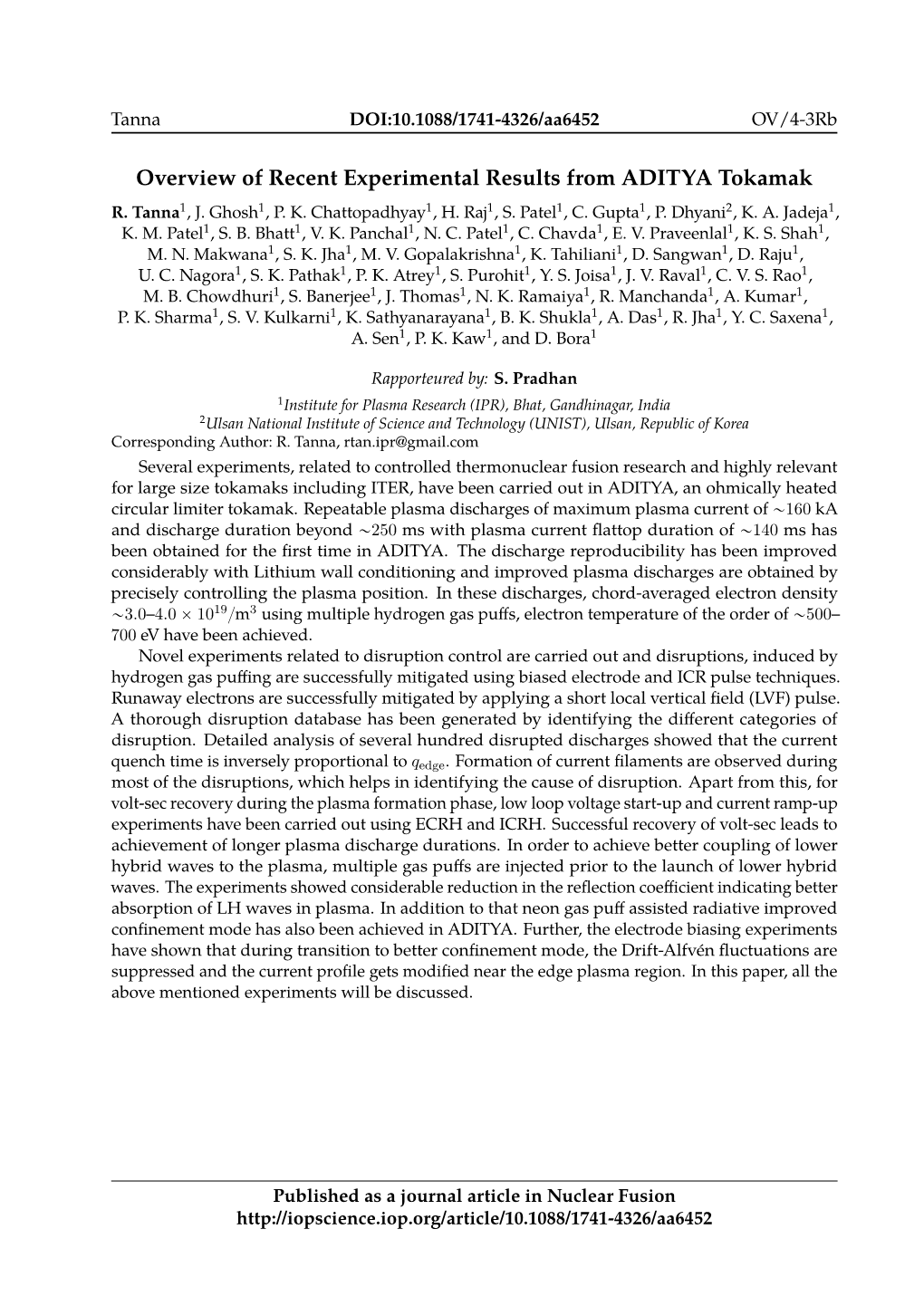 Overview of Recent Experimental Results from ADITYA Tokamak R