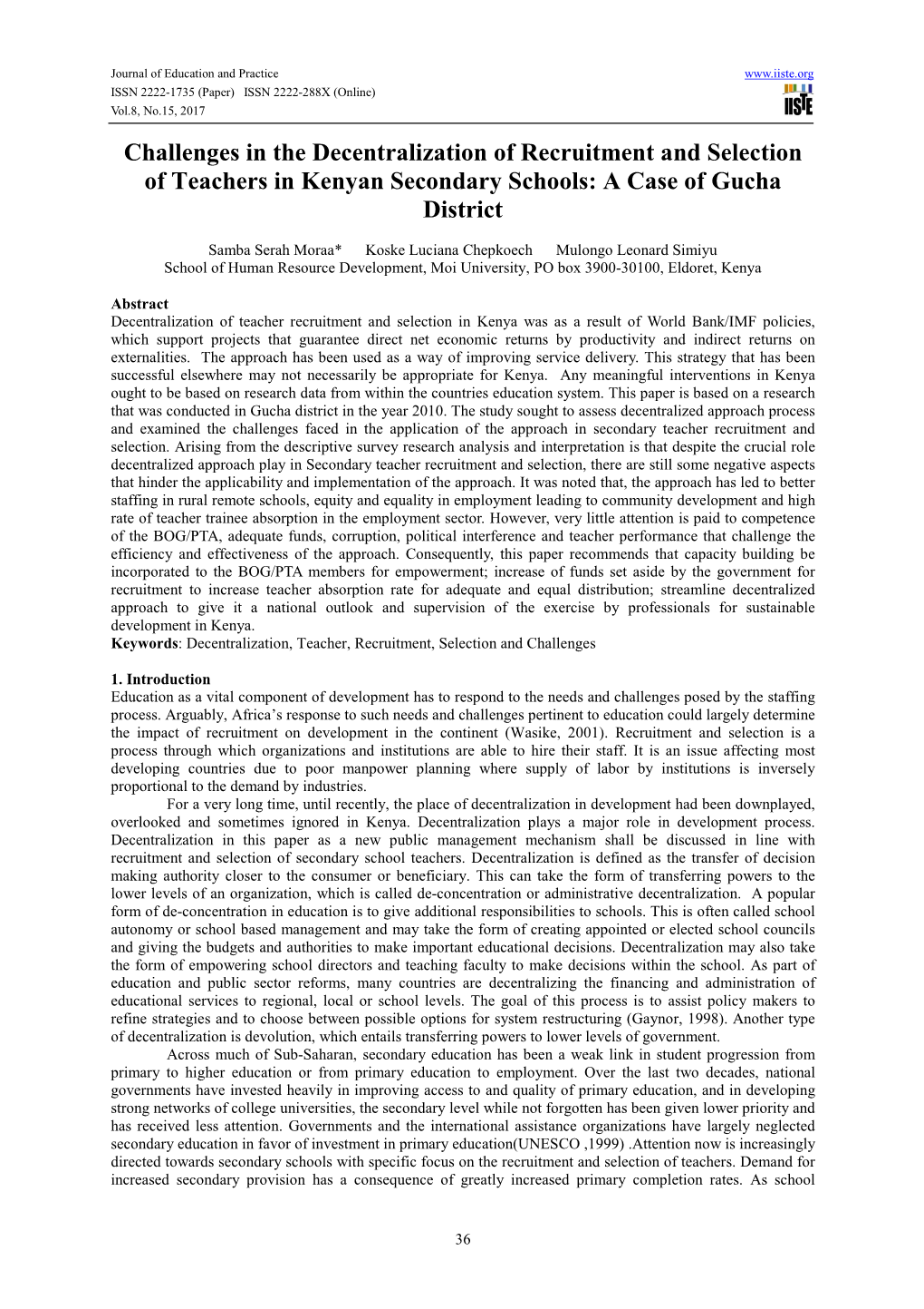 Challenges in the Decentralization of Recruitment and Selection of Teachers in Kenyan Secondary Schools: a Case of Gucha District