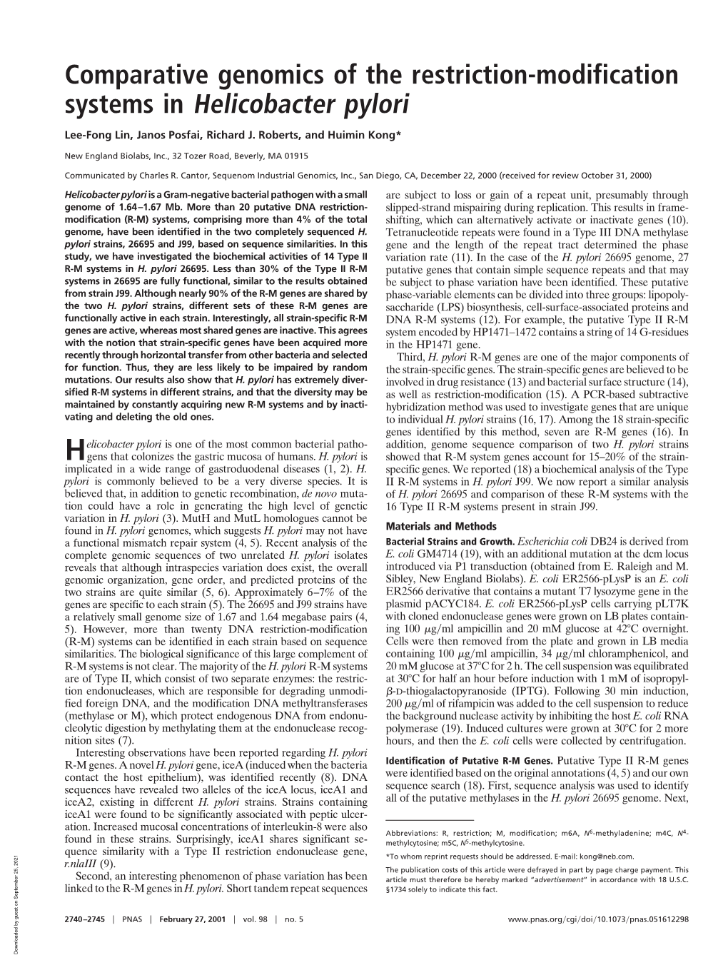 Comparative Genomics of the Restriction-Modification Systems in Helicobacter Pylori