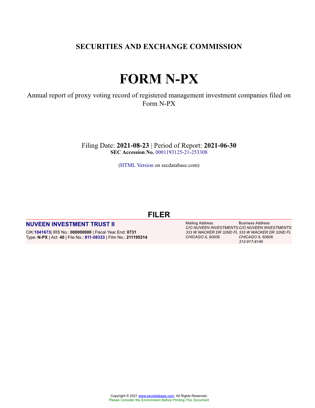 NUVEEN INVESTMENT TRUST II Form N-PX Filed 2021-08-23