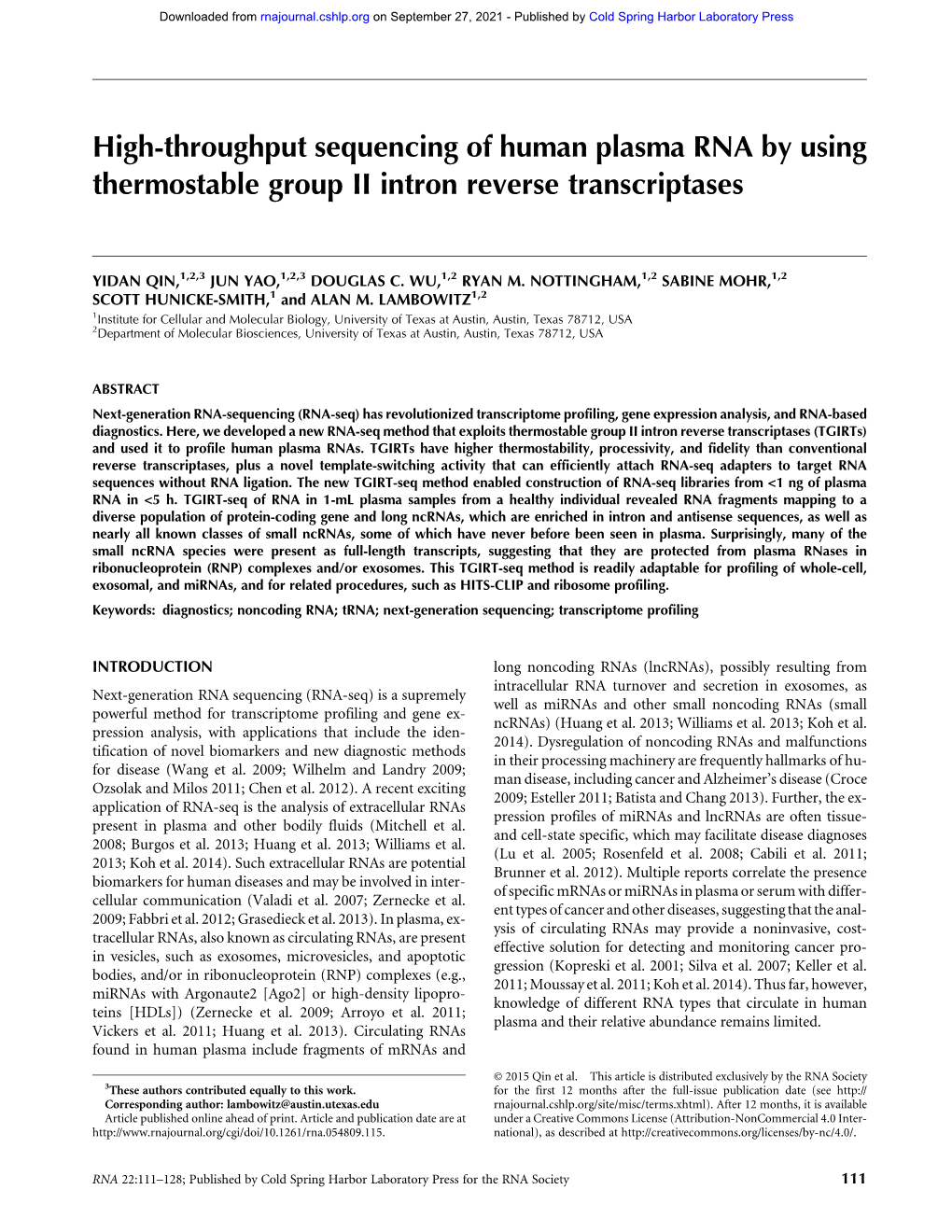 High-Throughput Sequencing of Human Plasma RNA by Using Thermostable Group II Intron Reverse Transcriptases