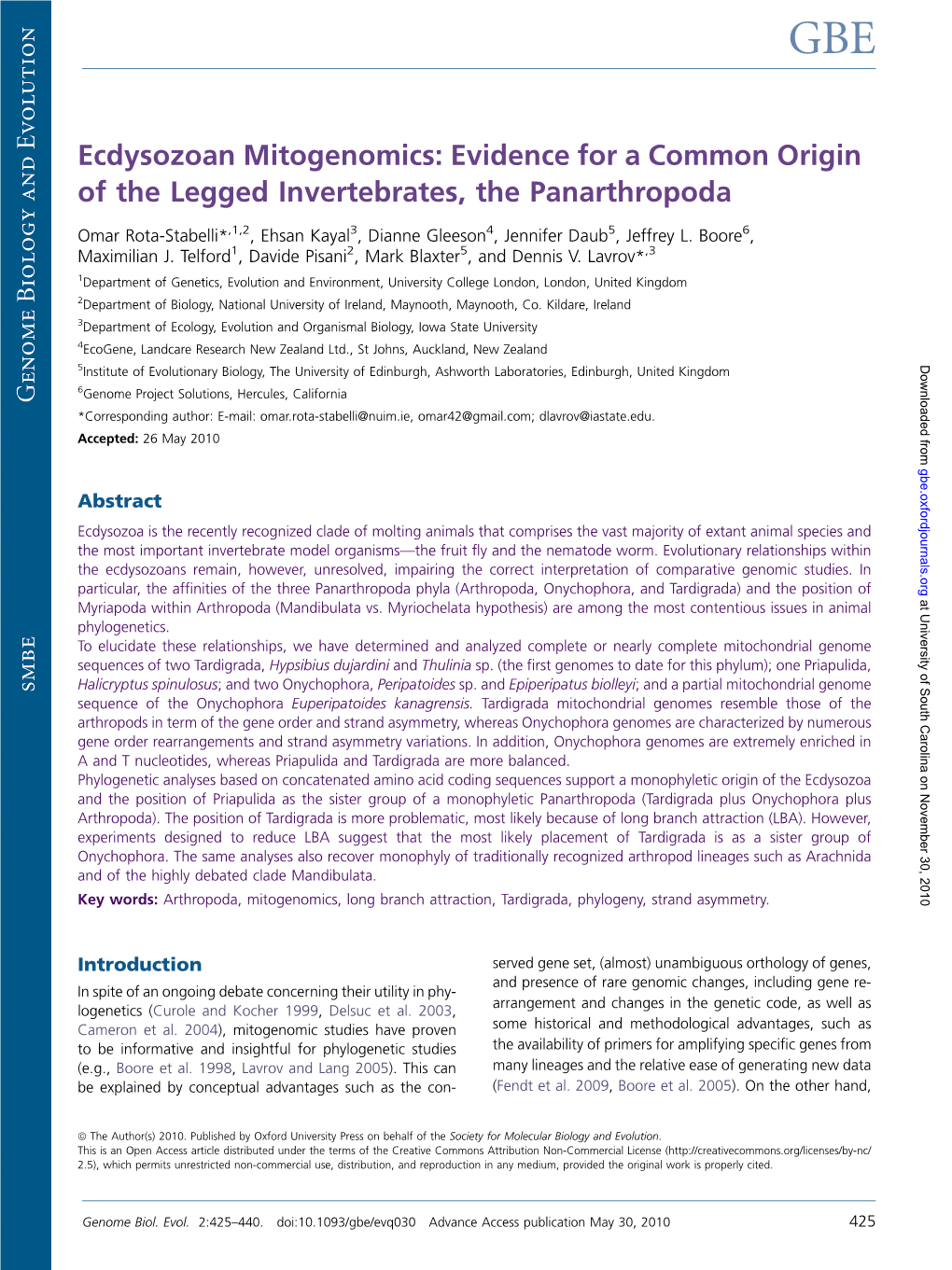 Ecdysozoan Mitogenomics: Evidence for a Common Origin of the Legged Invertebrates, the Panarthropoda