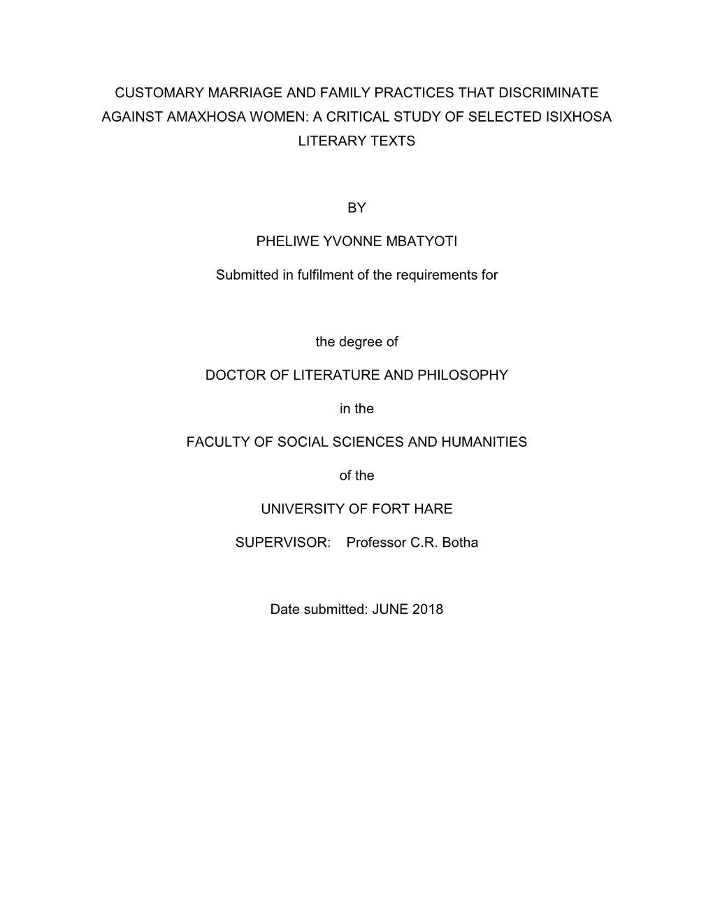 Customary Marriage and Family Practices That Discriminate Against Amaxhosa Women: a Critical Study of Selected Isixhosa Literary Texts