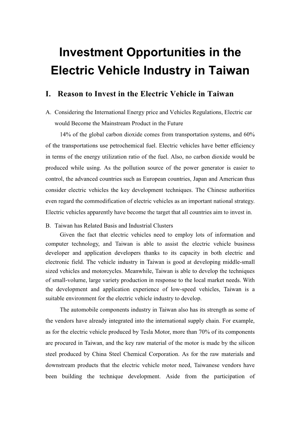 Investment Opportunities in the Electric Vehicle Industry in Taiwan