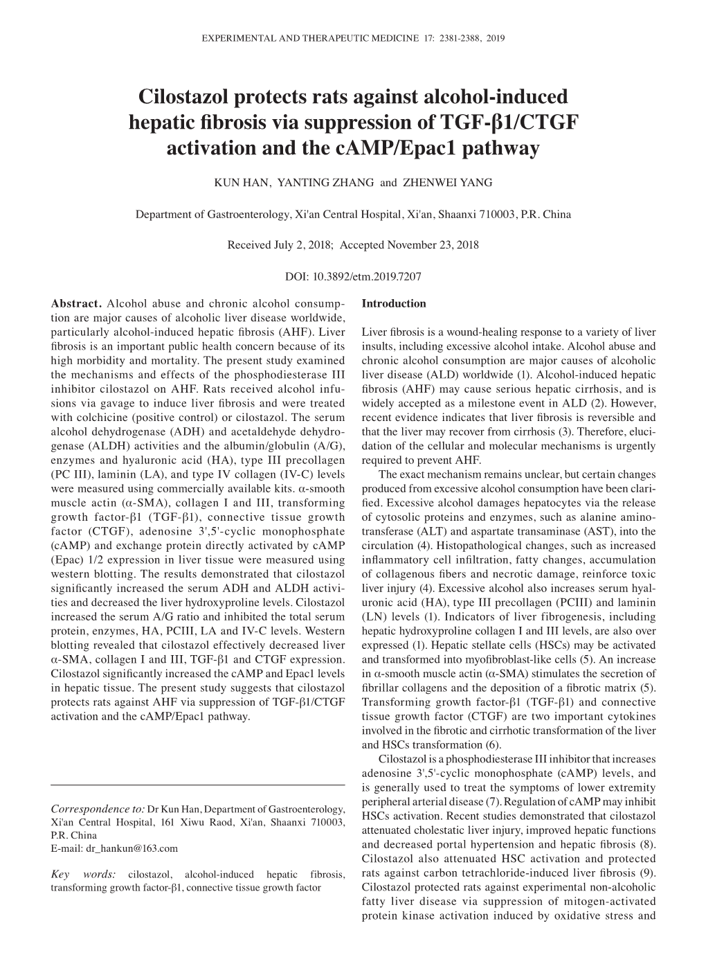 Cilostazol Protects Rats Against Alcohol‑Induced Hepatic Fibrosis Via Suppression of TGF‑Β1/CTGF Activation and the Camp/Epac1 Pathway