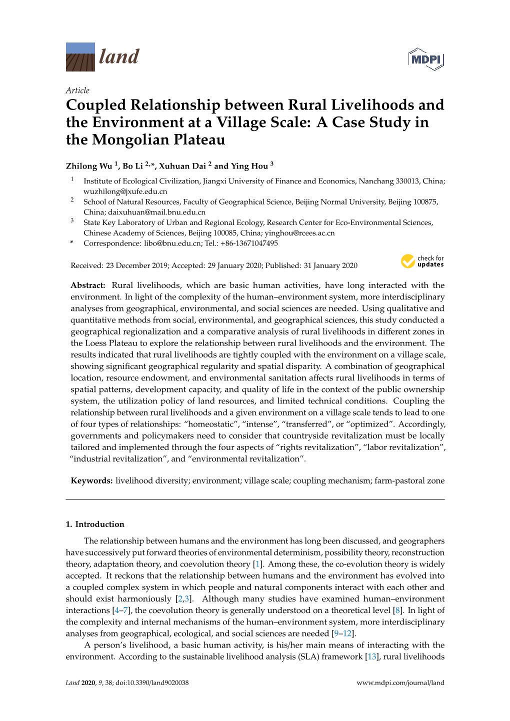 Coupled Relationship Between Rural Livelihoods and the Environment at a Village Scale: a Case Study in the Mongolian Plateau