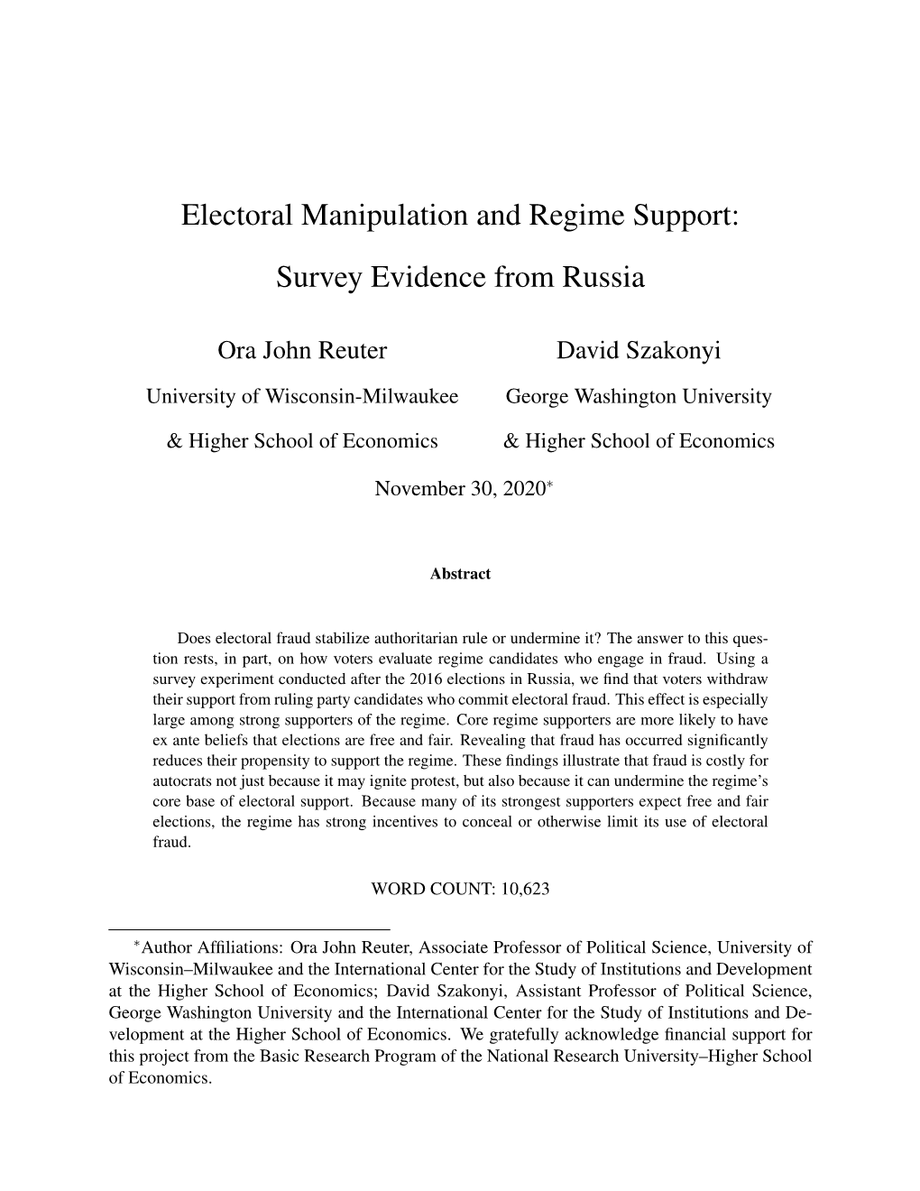 Electoral Manipulation and Regime Support: Survey Evidence from Russia