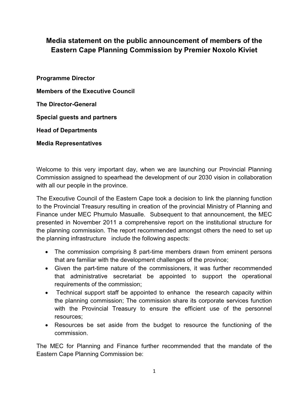 Media Statement on the Public Announcement of Members of the Eastern Cape Planning Commission by Premier Noxolo Kiviet