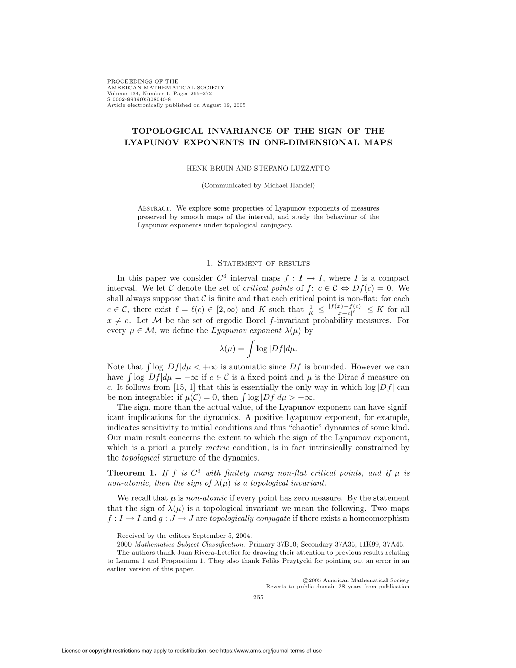 Topological Invariance of the Sign of the Lyapunov Exponents in One-Dimensional Maps