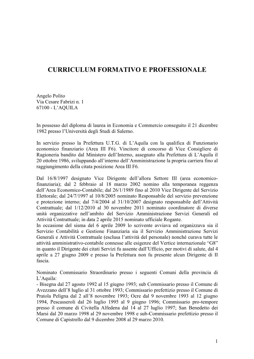 Curriculum Formativo E Professionale