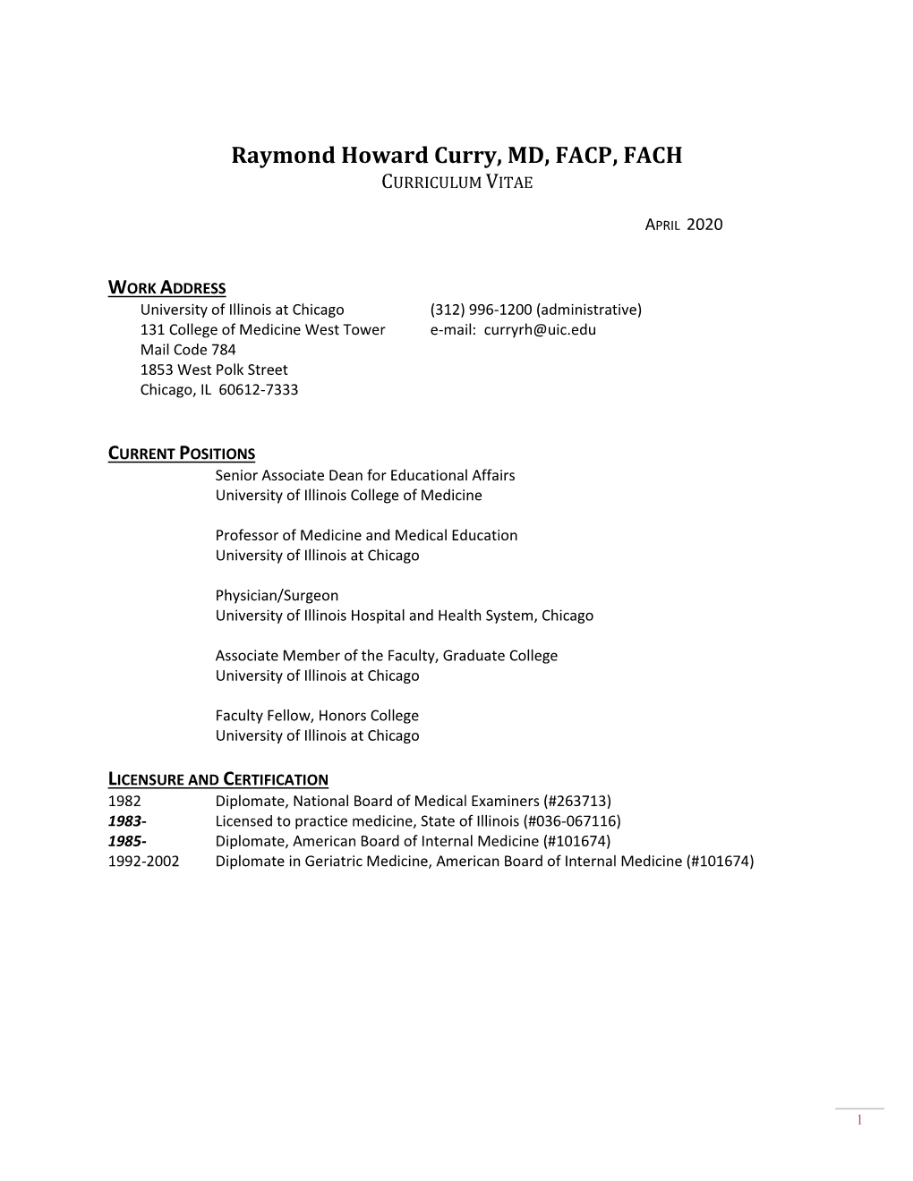 Raymond Howard Curry, MD, FACP, FACH CURRICULUM VITAE