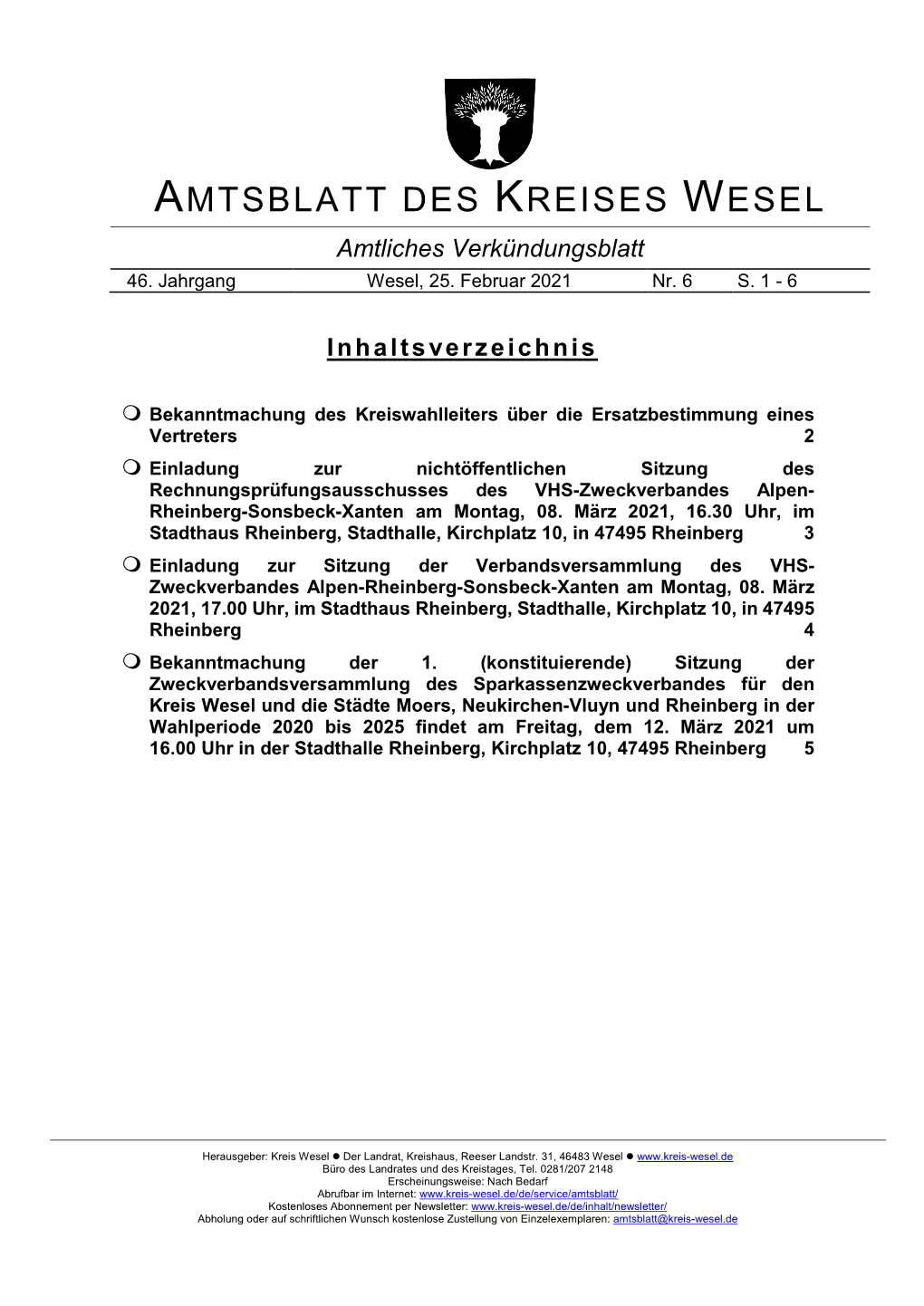 Amtsblatt Des Kreises Wesel, 46. Jahrgang, Nummer 6