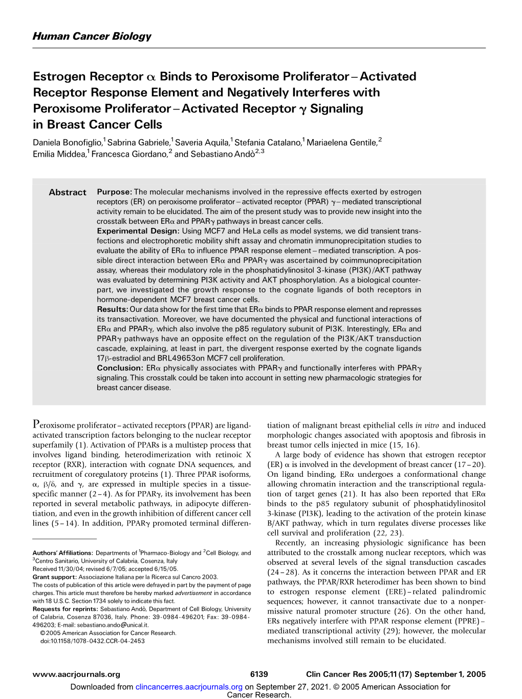 Estrogen Receptor a Binds to Peroxisome Proliferator ^ Activated