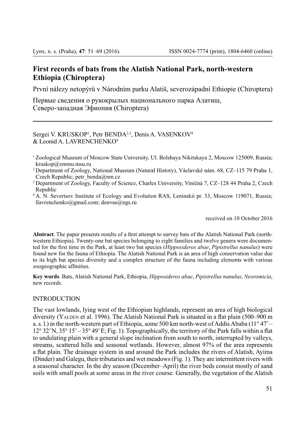 First Records of Bats from the Alatish National Park, North-Western Ethiopia