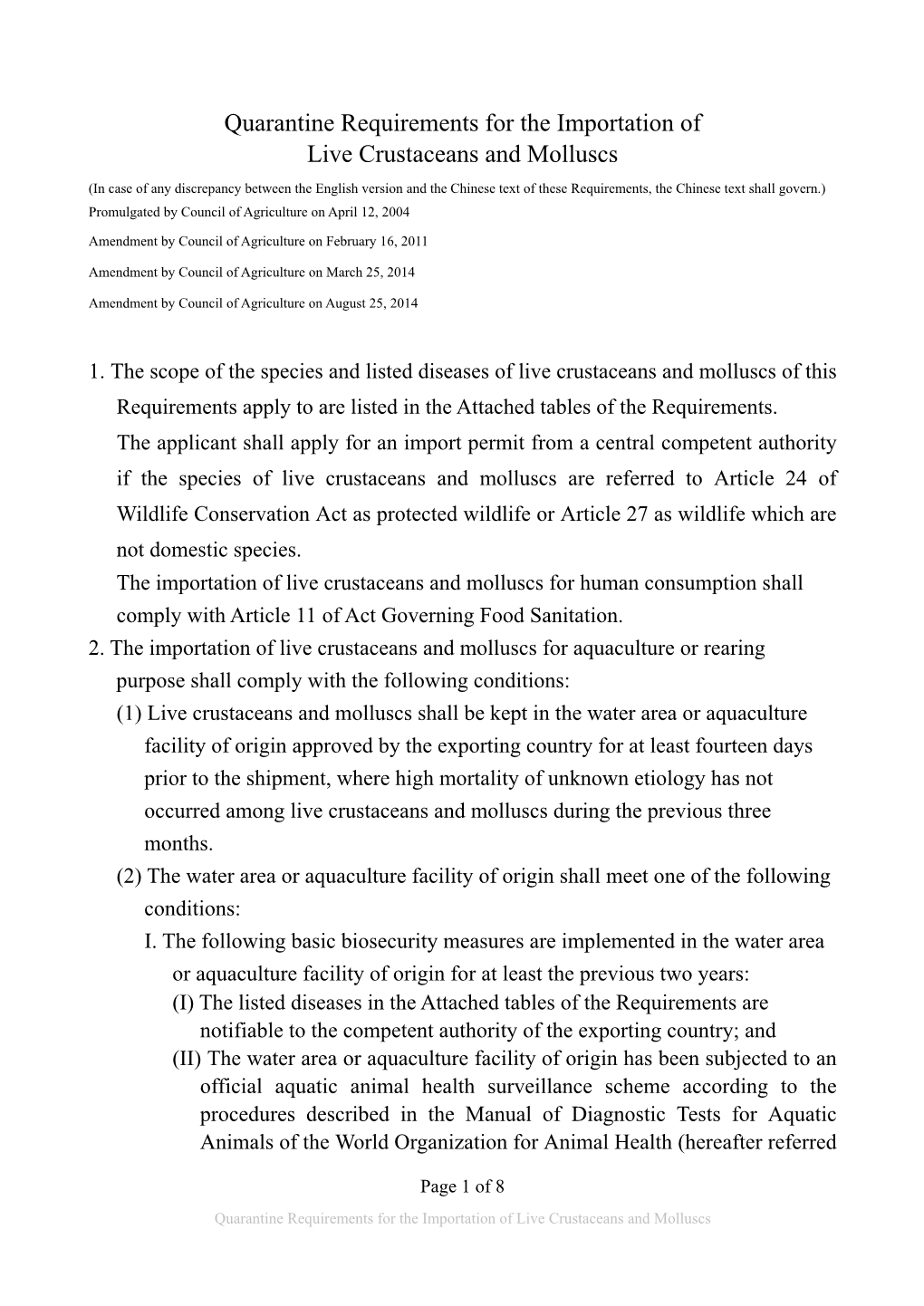 Quarantine Requirements for the Importation of Live Crustaceans and Molluscs