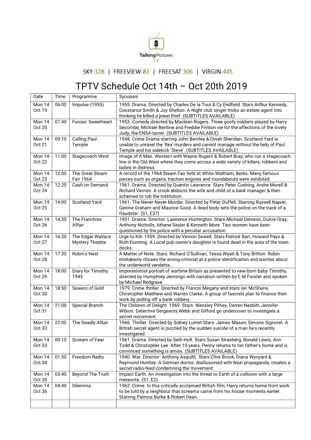 TPTV Schedule Oct 14Th – Oct 20Th 2019 Date Time Programme Synopsis Mon 14 06:00 Impulse (1955) 1955