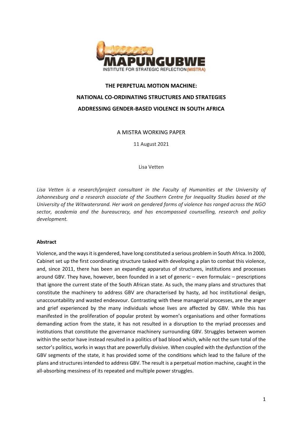 The Perpetual Motion Machine: National Co-Ordinating Structures and Strategies Addressing Gender-Based Violence in South Africa