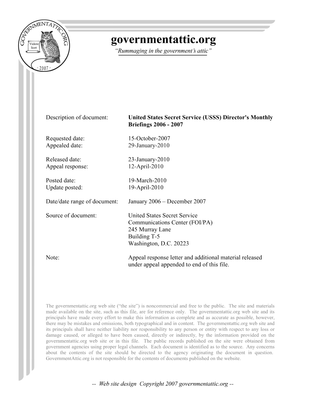 USSS) Director's Monthly Briefings 2006 - 2007