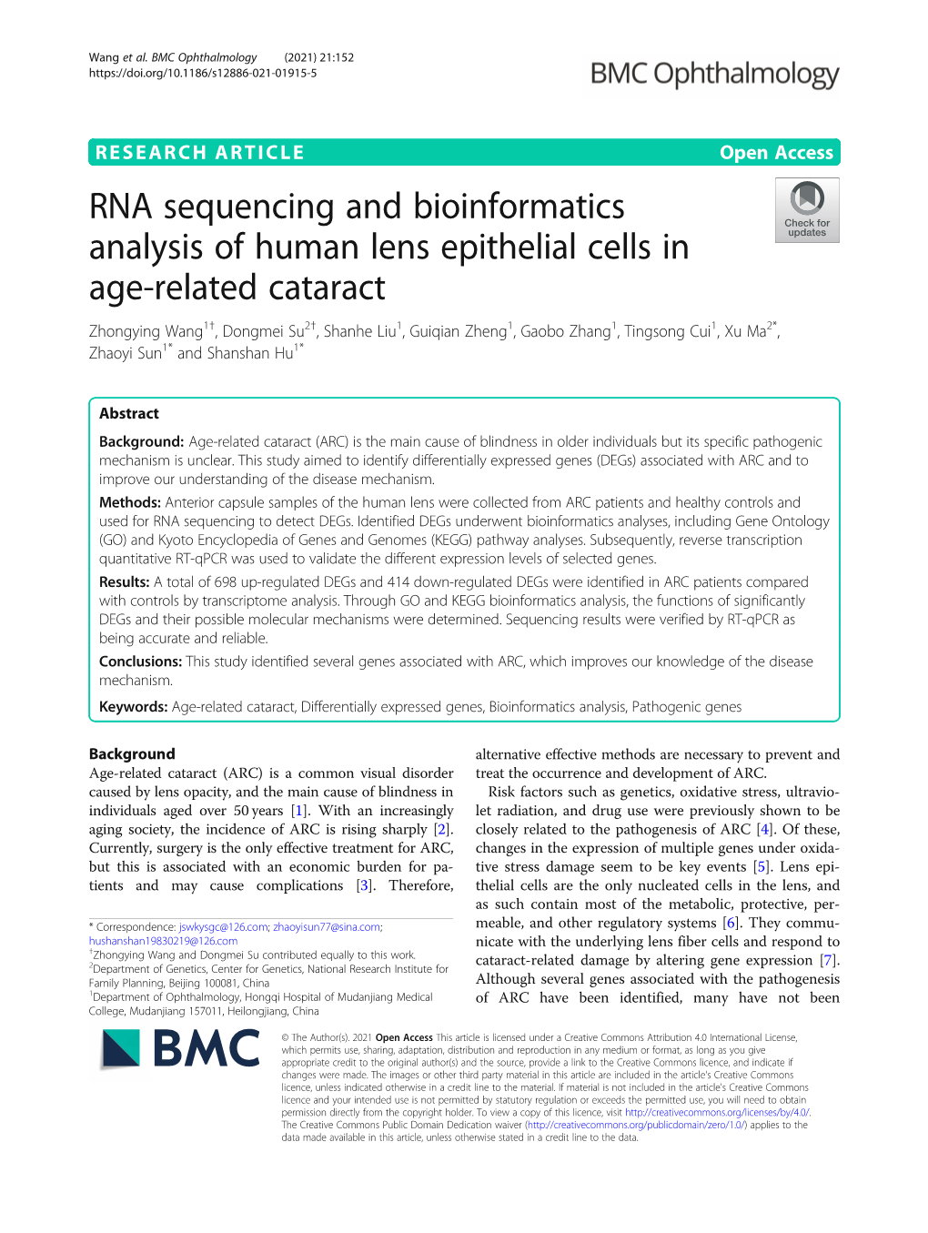 RNA Sequencing and Bioinformatics Analysis of Human Lens Epithelial