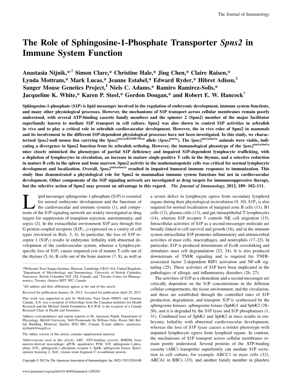 Function in Immune System Spns2 Transporter the Role of Sphingosine-1-Phosphate