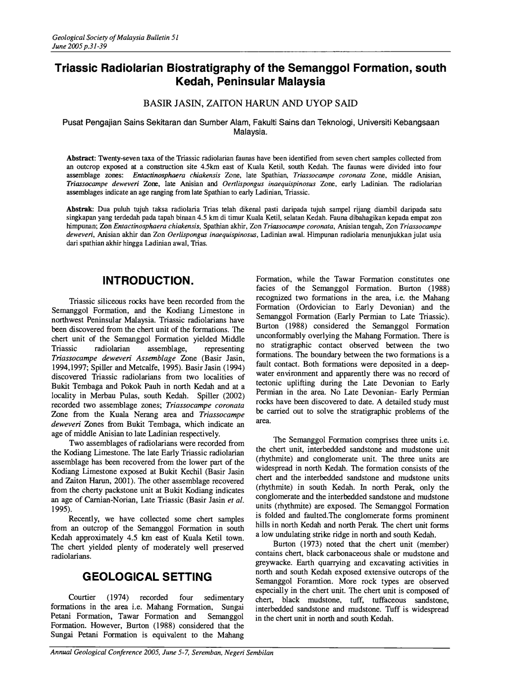 Triassic Radiolarian Biostratigraphy of the Semanggol Formation, South Kedah, Peninsular Malaysia