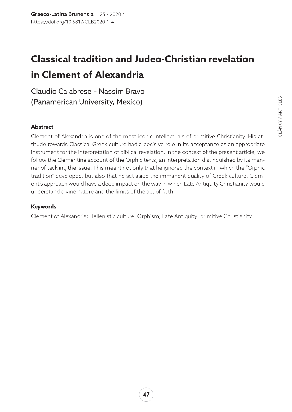 Classical Tradition and Judeo-Christian Revelation in Clement of Alexandria