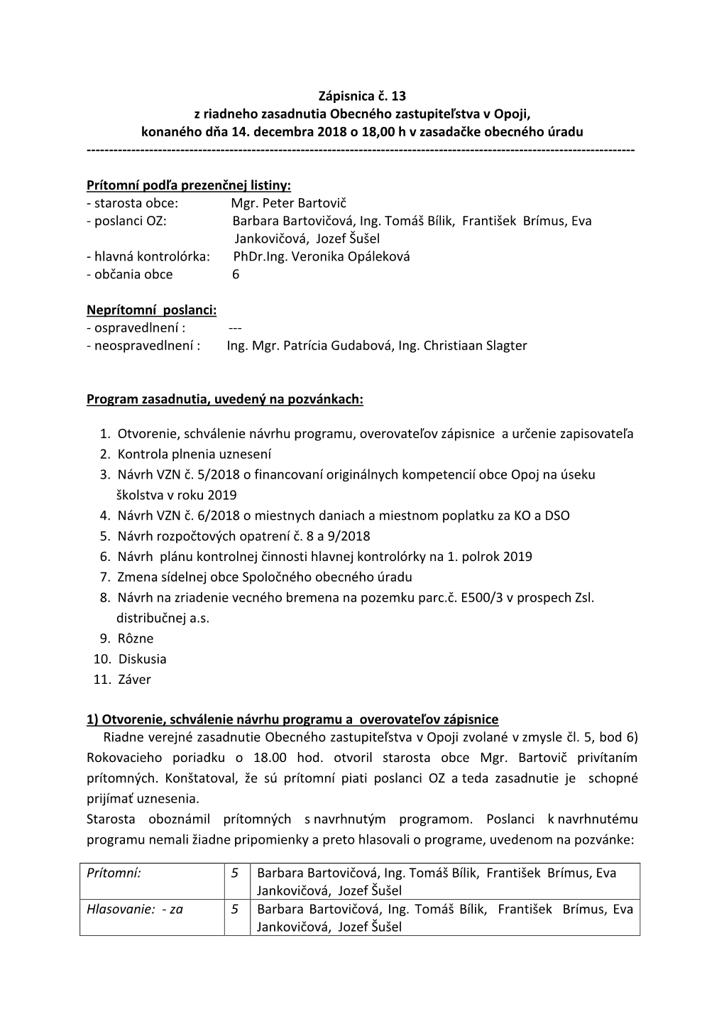 Zápisnica Č. 13 Z Riadneho Zasadnutia Obecného Zastupiteľstva V Opoji, Konaného Dňa 14. Decembra 2018 O 18,00 H V Zasadačke Obecného Úradu