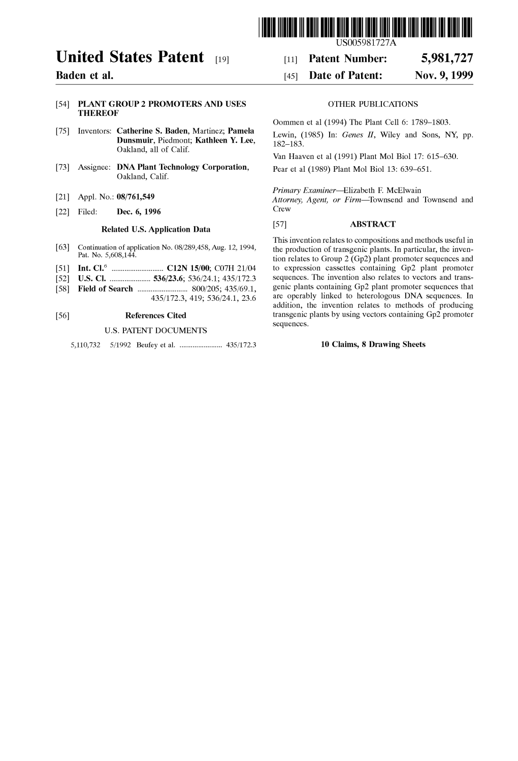 United States Patent (19) 11 Patent Number: 5,981,727 Baden Et Al