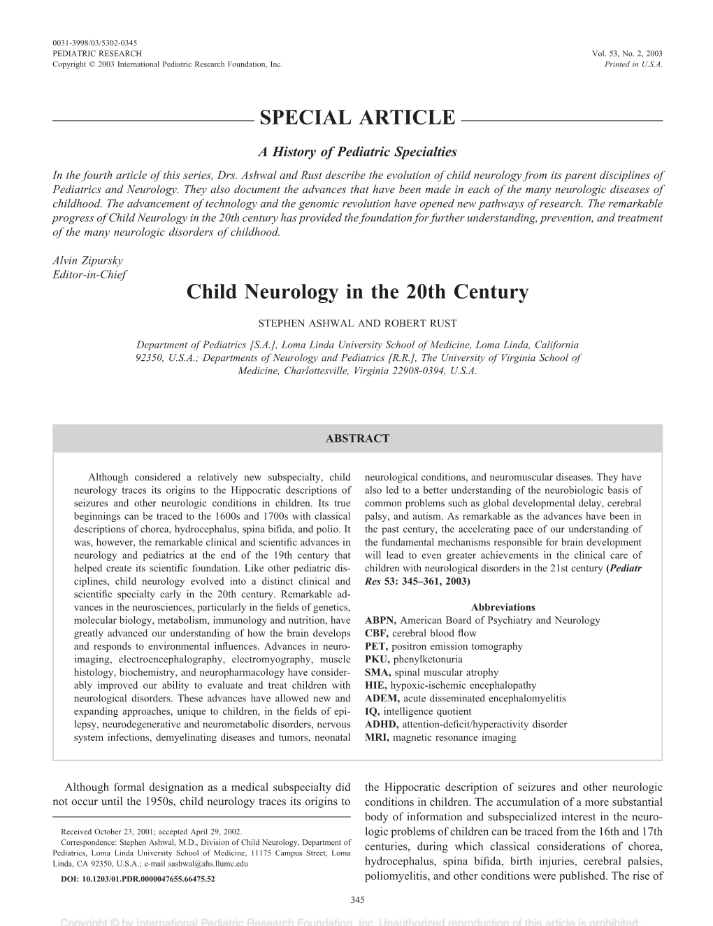 SPECIAL ARTICLE Child Neurology in the 20Th Century