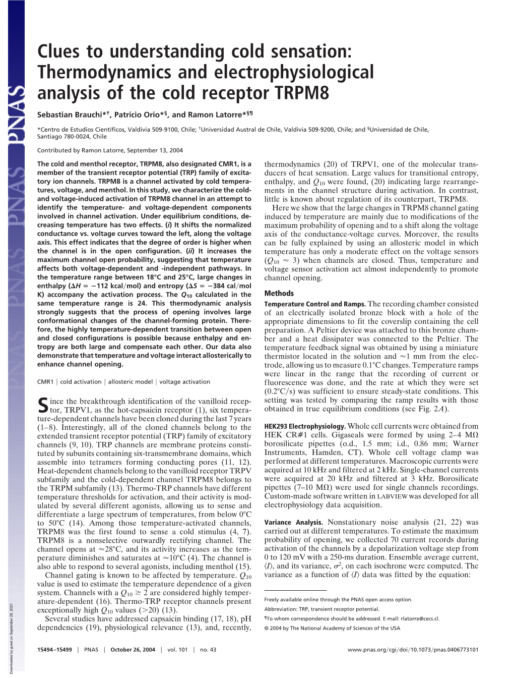 Thermodynamics and Electrophysiological Analysis of the Cold Receptor TRPM8