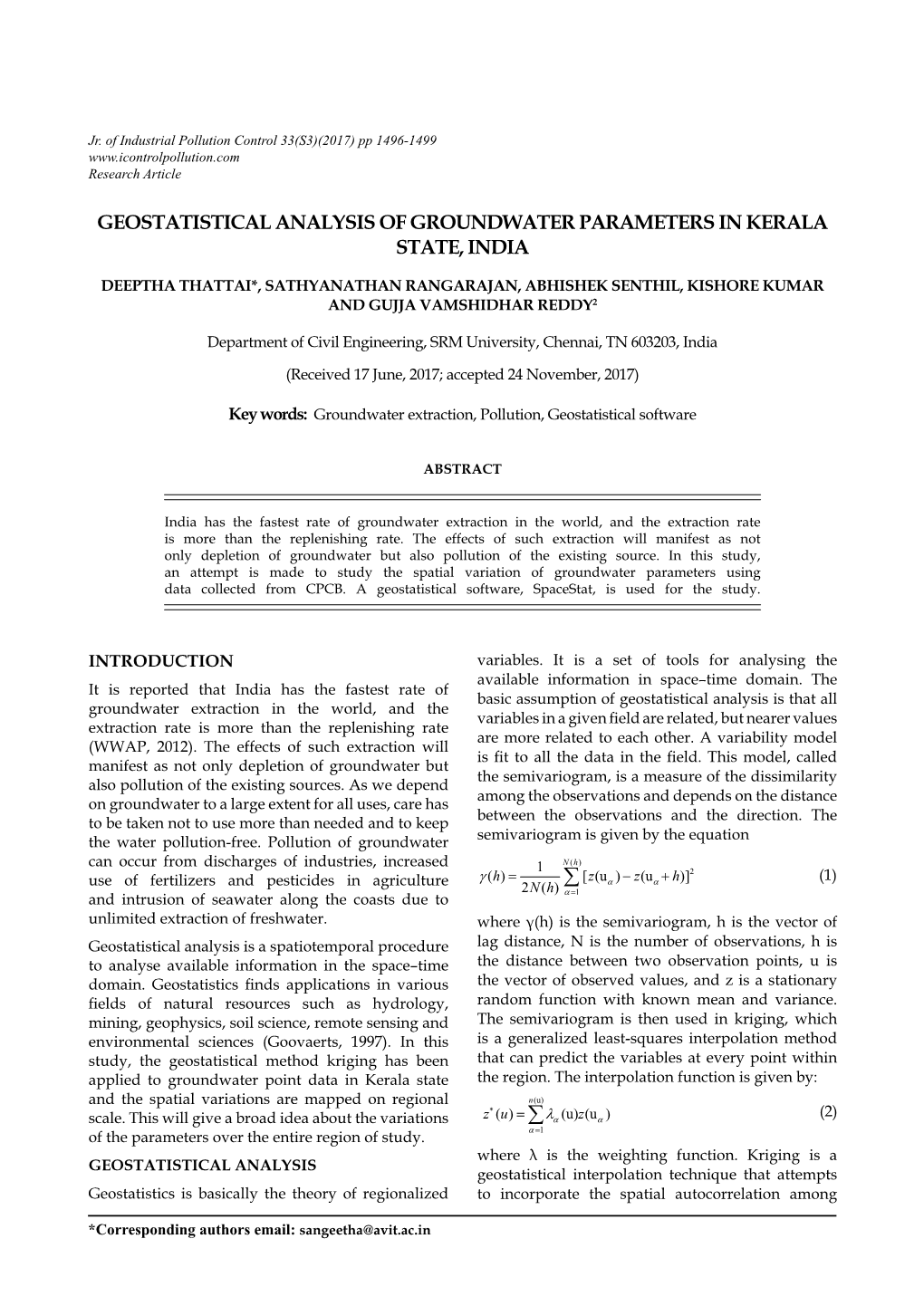 Geostatistical Analysis of Groundwater Parameters in Kerala State, India