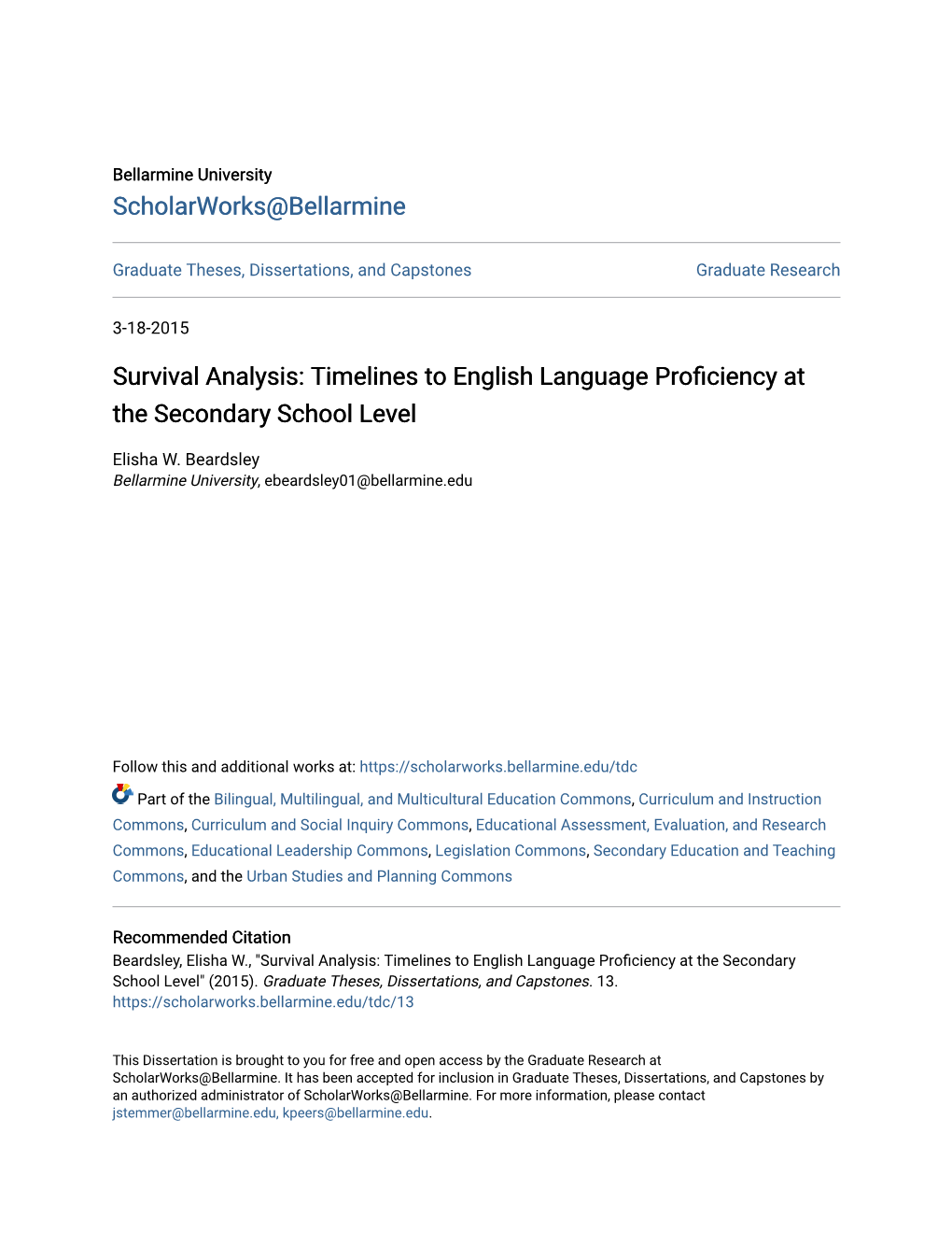 Survival Analysis: Timelines to English Language Proficiency at the Secondary School Level