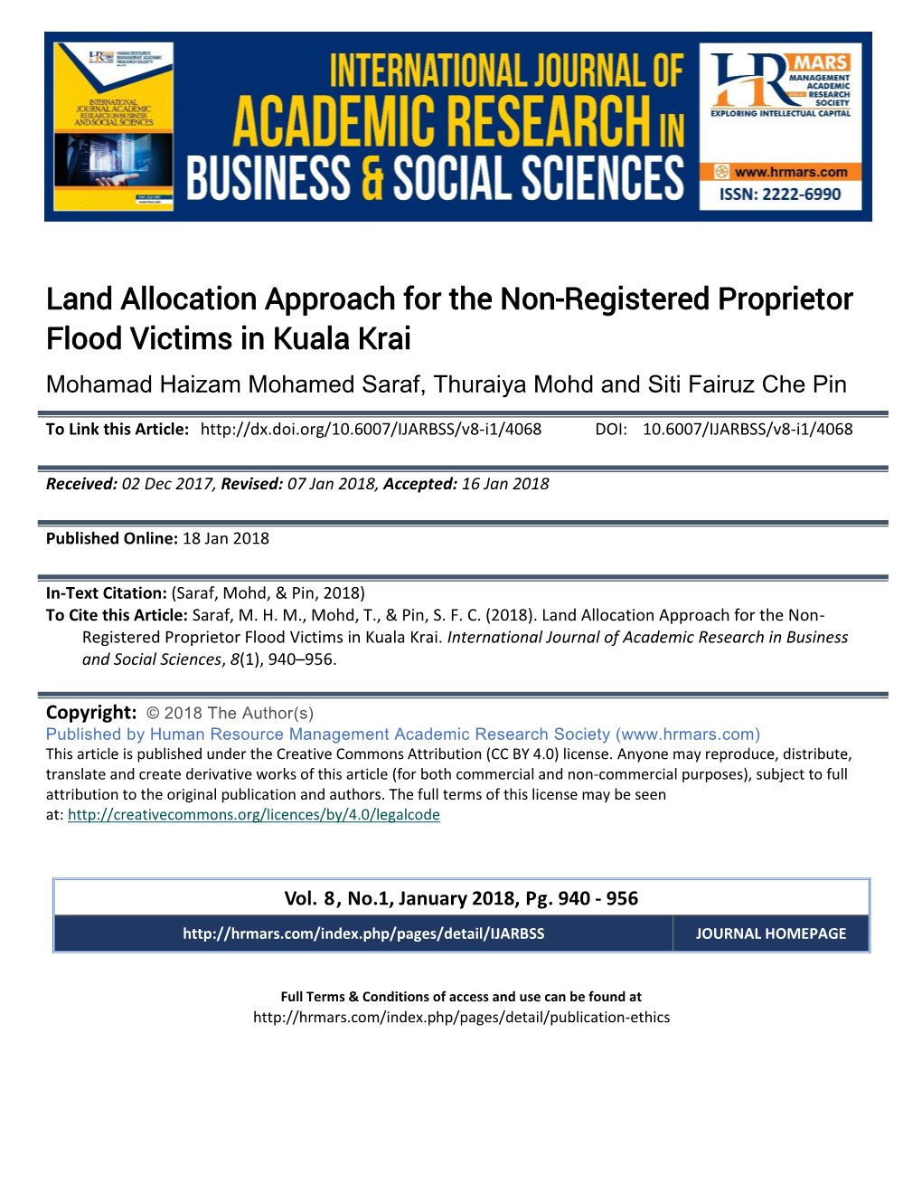 Land Allocation Approach for the Non-Registered Proprietor Flood Victims in Kuala Krai