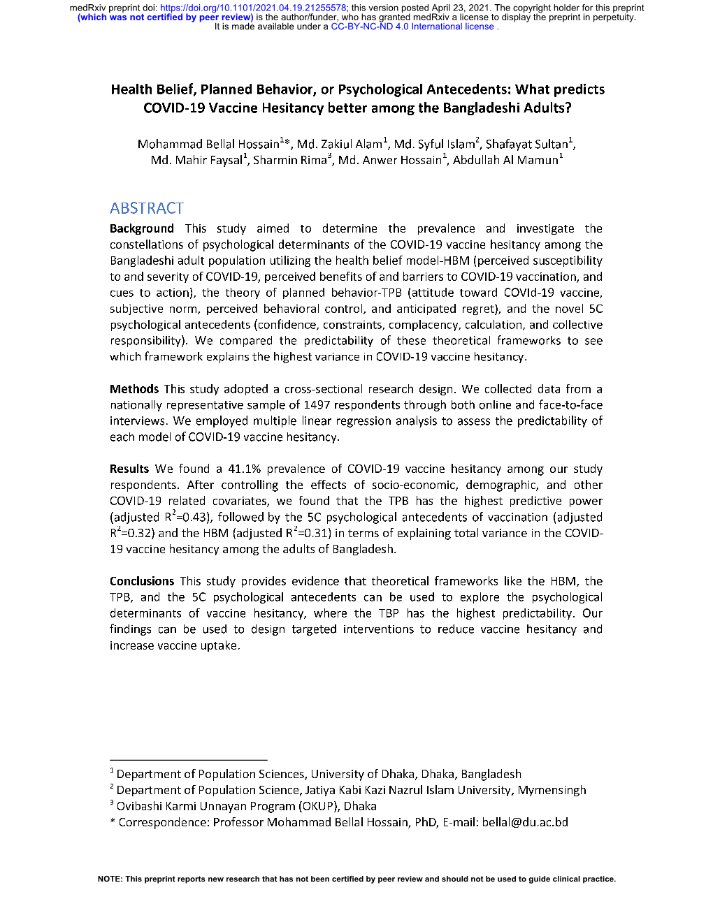 What Predicts COVID-19 Vaccine Hesitancy Better Among the Bangladeshi Adults?