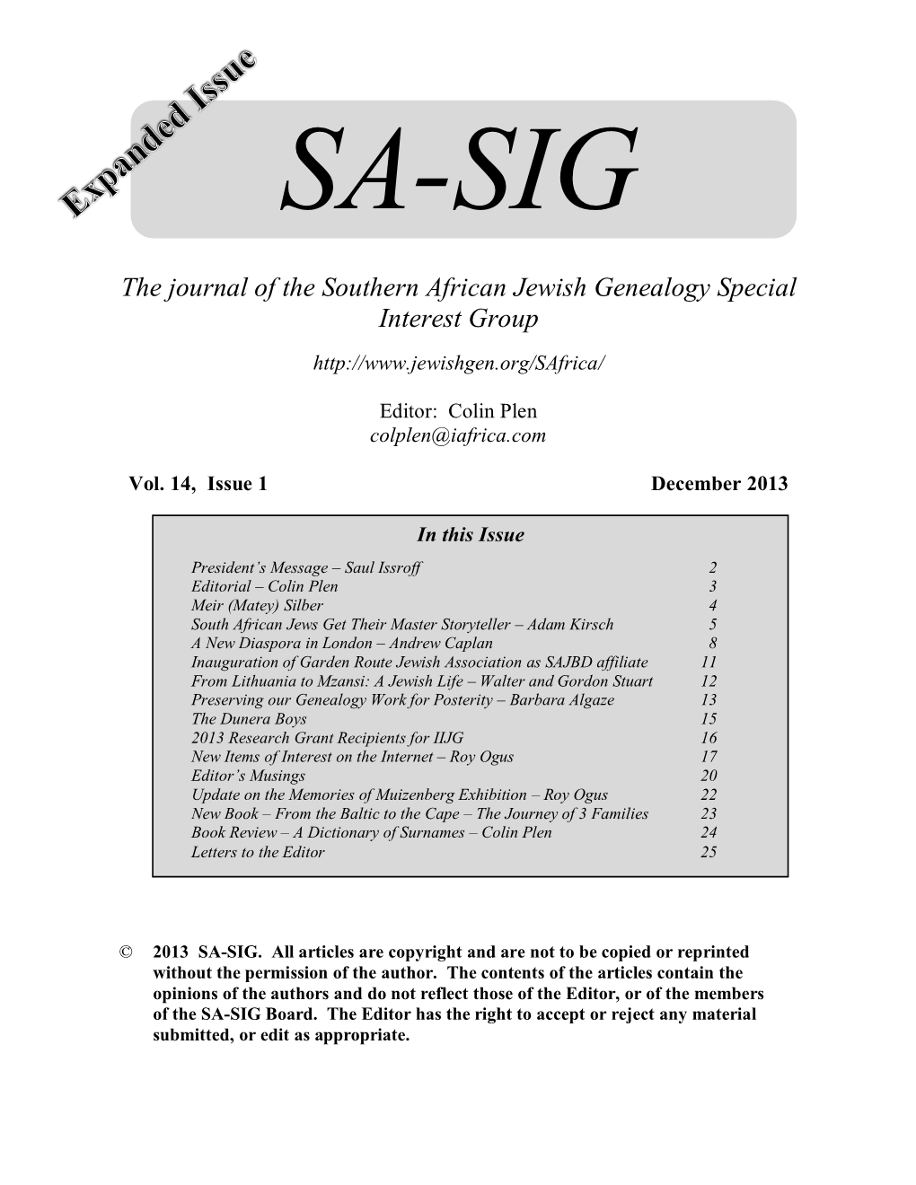SA-SIG Newsletter P Ostal S Ubscription F