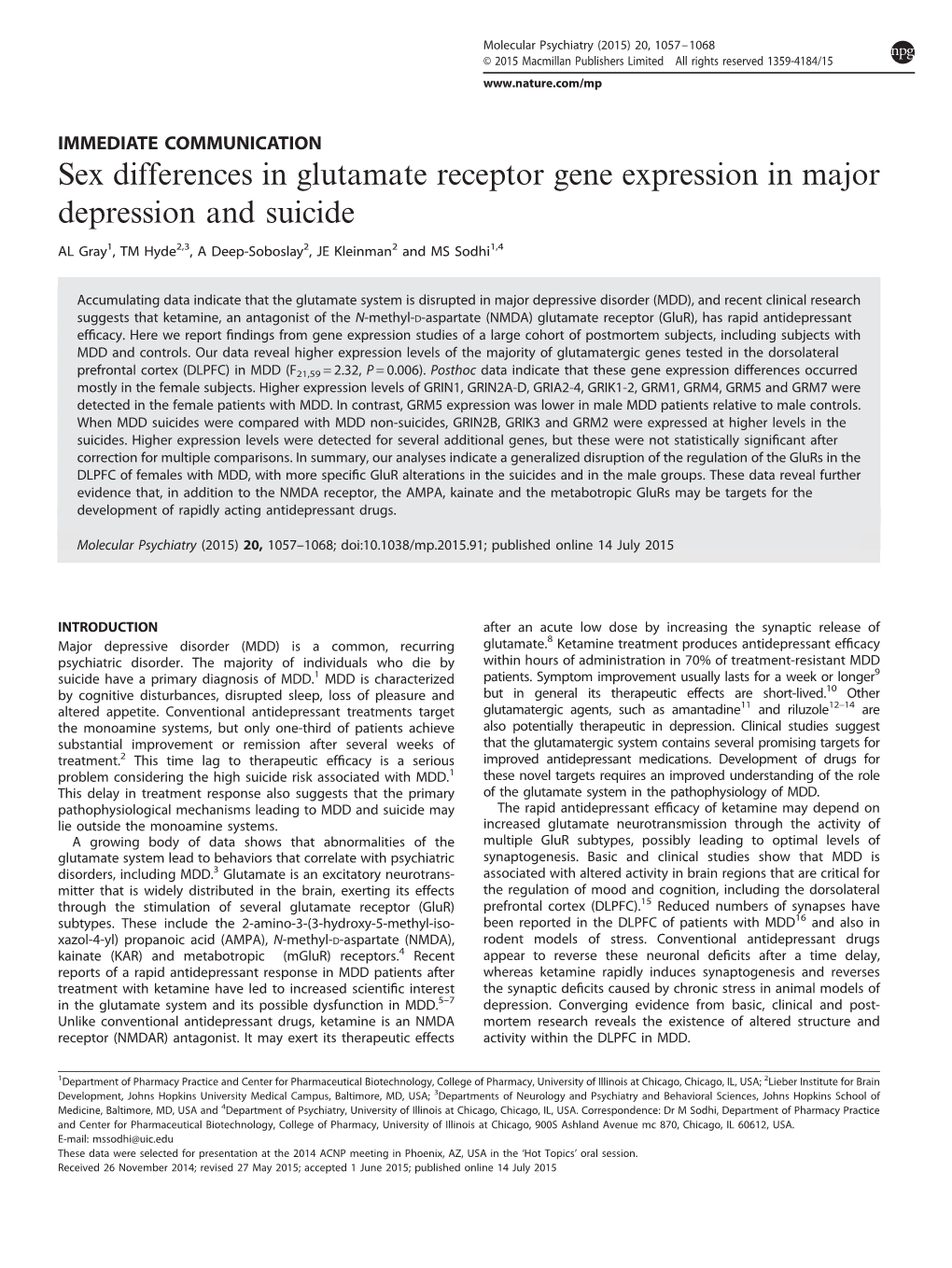 Sex Differences in Glutamate Receptor Gene Expression in Major Depression and Suicide