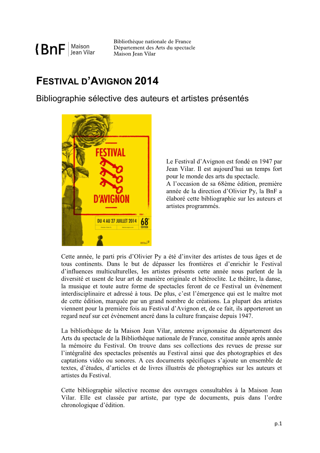 Bibliographie Des Artistes Du Festival D'avignon 2014